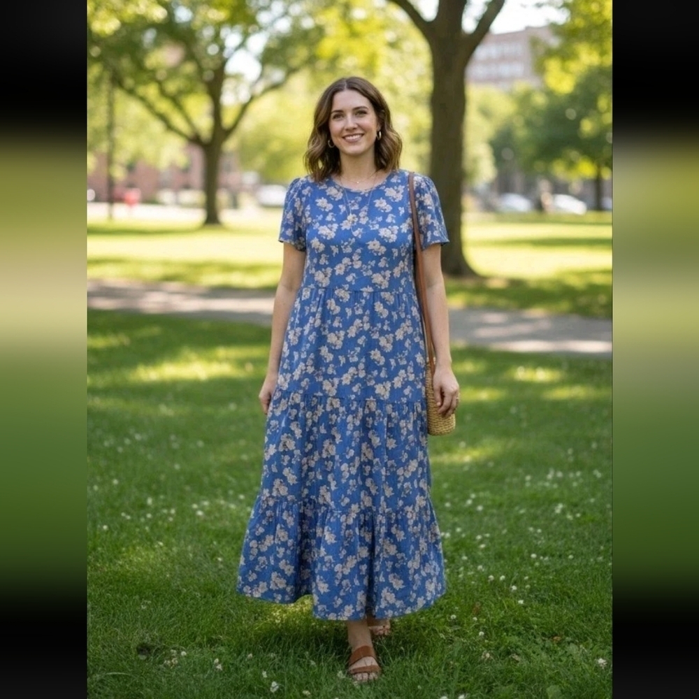 PRETTYGARDEN Blue Floral Tiered Boho Maxi Dress Women's Size Medium Cottagecore